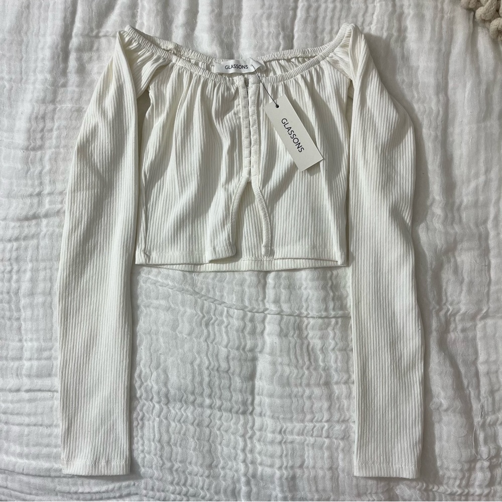 NWT White Cropped Corset Off-Shoulder Long-Sleeve